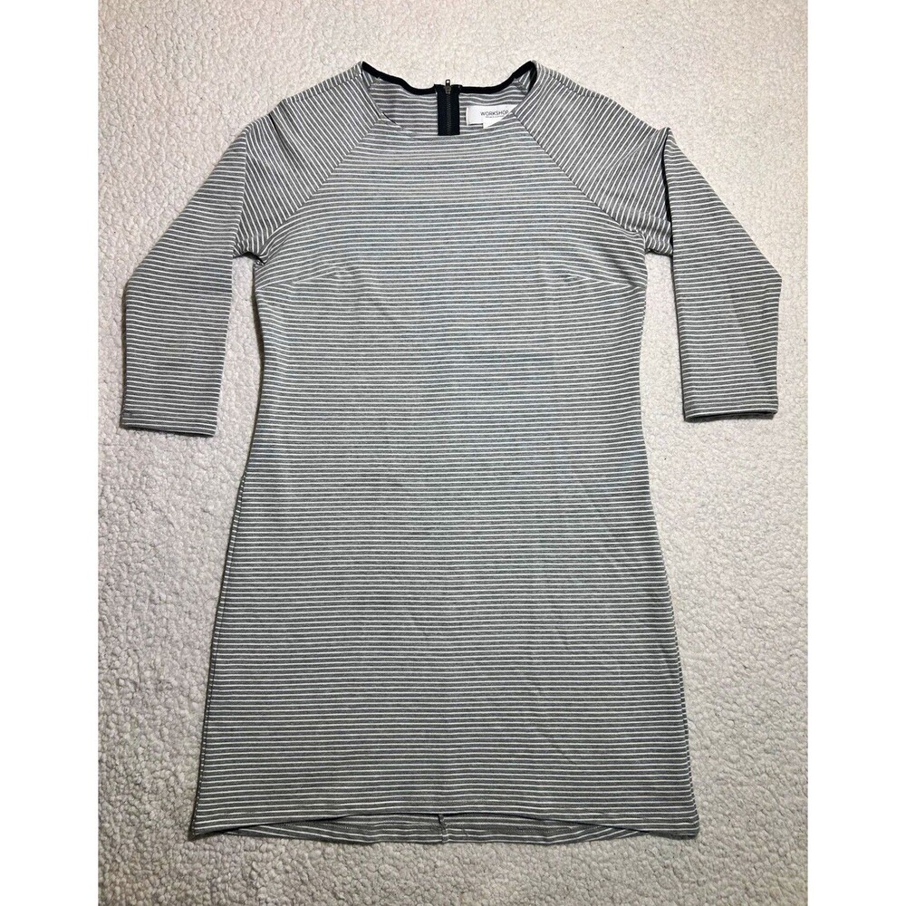 Workshop Womens A-Line Dress Size M Gray White Striped Knit 3/4 Sleeve Zip